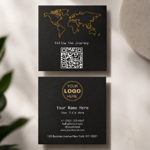 Modern Charcoal & Gold World Map QR Digital Nomad Square Business Card