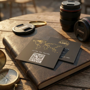 Modern Charcoal & Gold World Map QR Digital Nomad Square Business Card
