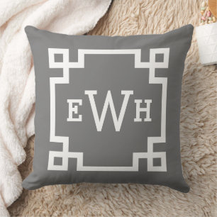 Modern Charcoal Greek Key Custom Monogram Throw Pillow