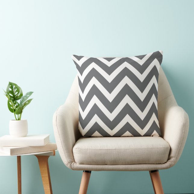 Modern Charcoal Grey and White Chevron Stripes Throw Pillow (Chair)