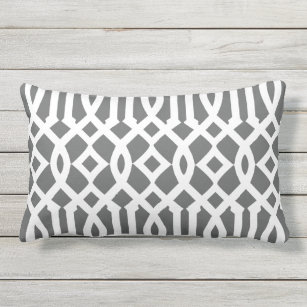 Modern Charcoal Grey and White Imperial Trellis Outdoor Pillow