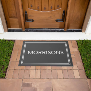 Modern charcoal grey custom name double border doormat