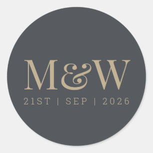 Modern Charcoal Grey Gold Bride Groom Monogram Classic Round Sticker