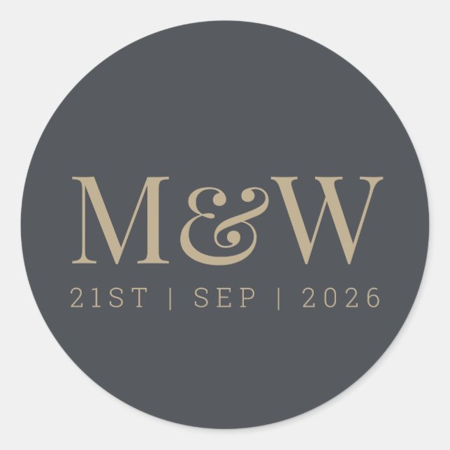 Modern Charcoal Grey Gold Bride Groom Monogram Classic Round Sticker (Front)