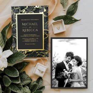Modern Charcoal Grey Marble Photo Wedding Gold
