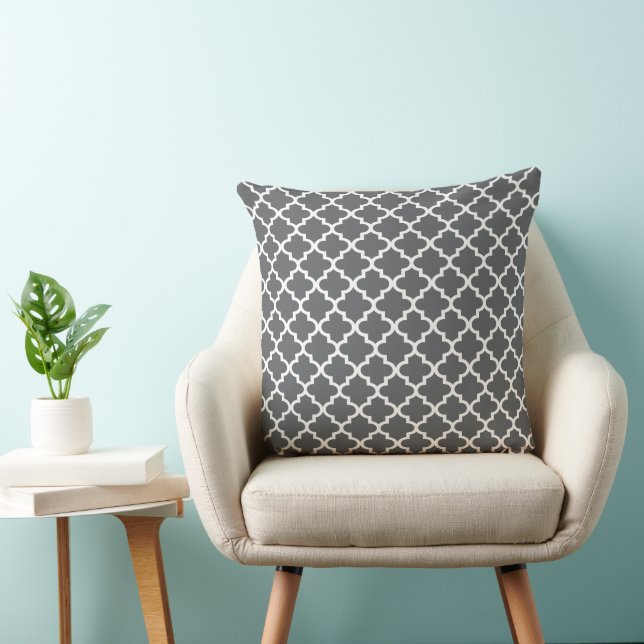 Modern Charcoal Grey Moroccan Quatrefoil Pattern Throw Pillow (Chair)