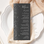 Modern Charcoal Grey Silver Glitter Edge Wedding Menu<br><div class="desc">The left-hand edge of this elegant modern wedding menu features a silver faux glitter design. The customizable text combines silver grey handwriting,  copperplate and italic fonts on a charcoal grey background. The reverse side features a matching grey and silver glitter design.</div>