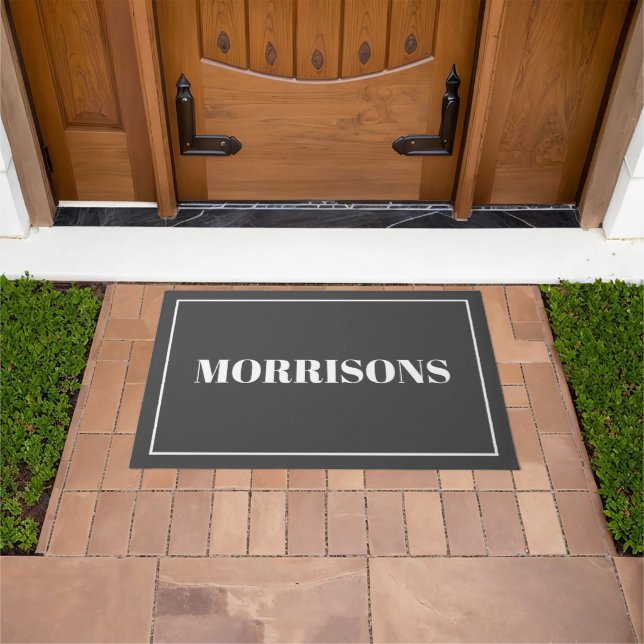 Modern charcoal grey white custom name border doormat (Outdoor)
