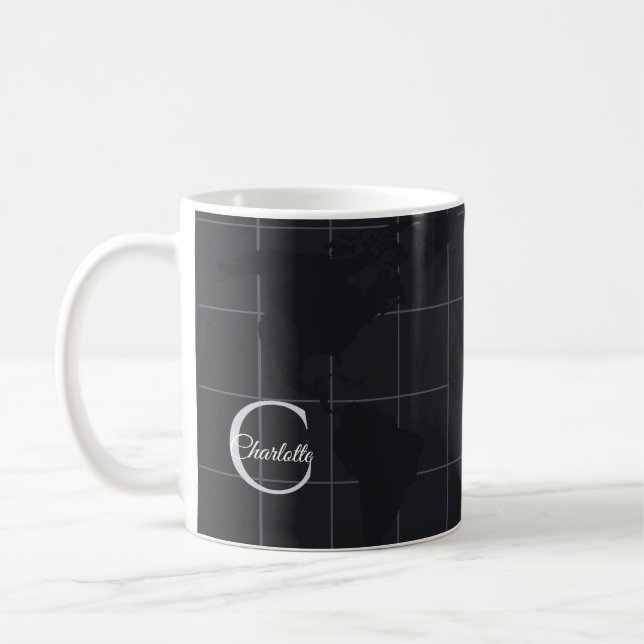 Modern Charcoal Grey World Map Custom Initial Coffee Mug (Left)