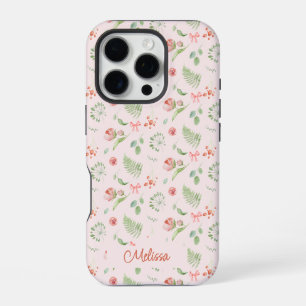 Modern Charming Pink Green Floral Ribbon With Name iPhone 16 Pro Case