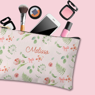 Modern Charming Pink Green Floral With Name Accessory Pouch