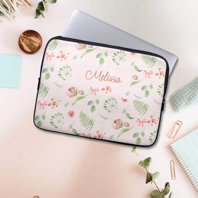 Modern Charming Pink Green Floral With Name Laptop Sleeve (Creator Uploaded)