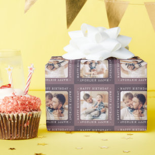 Modern Check Pattern Happy Birthday 4 Family Photo Wrapping Paper