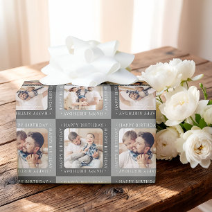 Modern Check Pattern Happy Birthday 4 Family Photo Wrapping Paper