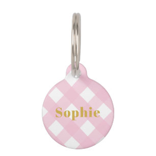Modern Check Round Pink Dog Tag with Name