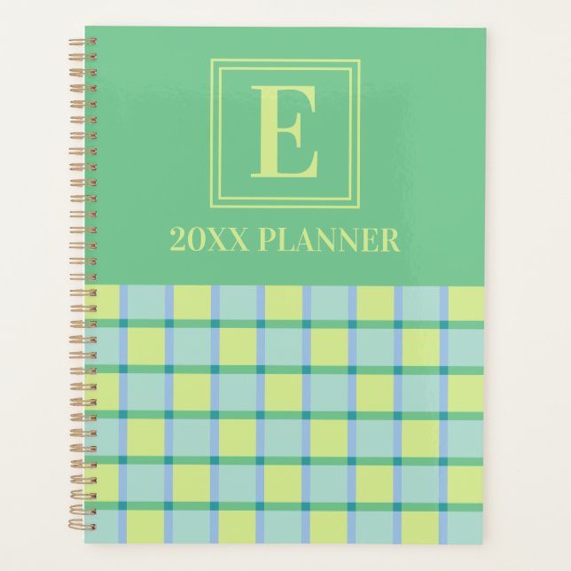 Modern Checker Blue Green Lime Custom Monogram Planner (Front)