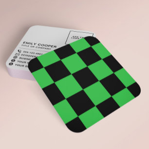 Modern Checker Checkerboard Add Logo Black Green Square Business Card