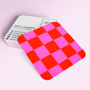 Modern Checker Checkerboard Add Logo Red and Pink Square Business Card