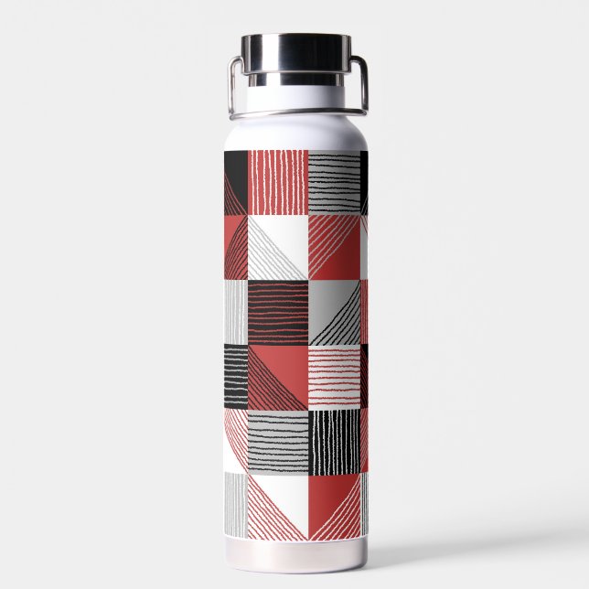 Modern Checks with Lines, Black, Red, White, Grey Water Bottle (Back)