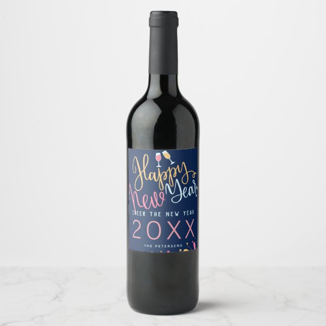 Modern Cheer the New Year Colourful Fireworks Part Wine Label (Front)
