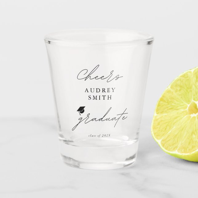 Modern Cheers Graduate Script Graduation Hat Shot Glass (Front)