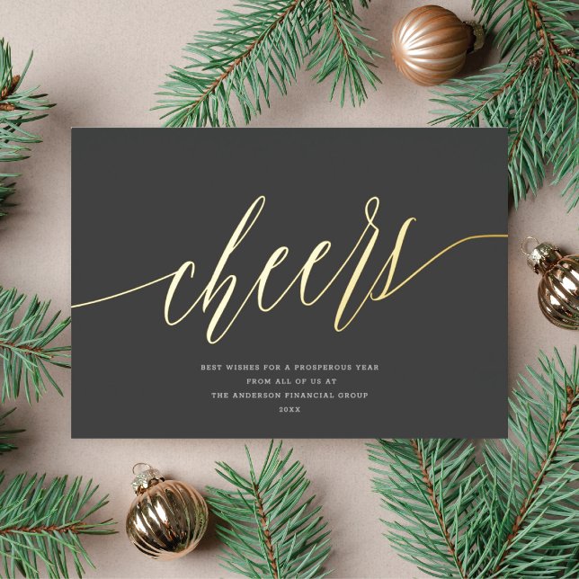 Modern Cheers Non-Photo Business Dark Grey Gold Foil Holiday Card (Creator Uploaded)