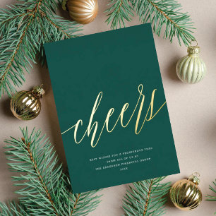 Modern Cheers Non-Photo Business Green Gold Foil Holiday Card