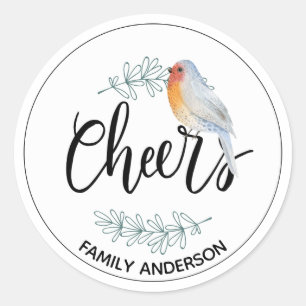 Modern CHEERS Personalized Christmas Robin Classic Round Sticker