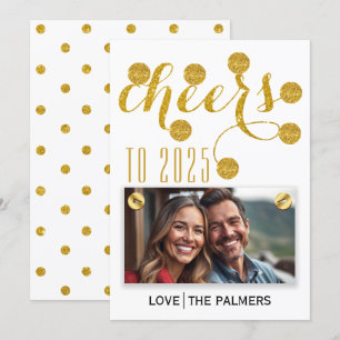 Modern cheers to 2025 gold glitter New Year photo Holiday Card