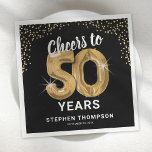Modern Cheers to 50 Years Birthday Napkins<br><div class="desc">Elegant fiftieth birthday party napkins featuring a stylish black background that can be changed to any colour,  gold sparkly glitter,  the saying "cheers to 50 years" using fifty gold hellium balloons,  their name,  and the date of the celebration.</div>