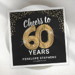 Modern Cheers to 60 Years Adult Birthday Napkins<br><div class="desc">Elegant sixtieth birthday party napkins featuring a stylish black background that can be changed to any colour,  gold sparkly glitter,  the saying "cheers to 60 years" using sixty gold hellium balloons,  their name,  and the date of the celebration.</div>