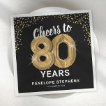 Modern Cheers to 80 Years Adult Birthday Napkins<br><div class="desc">Elegant eightieth birthday party napkins featuring a stylish black background that can be changed to any colour,  gold sparkly glitter,  the saying "cheers to 80 years" using eighty gold hellium balloons,  their name,  and the date of the celebration.</div>