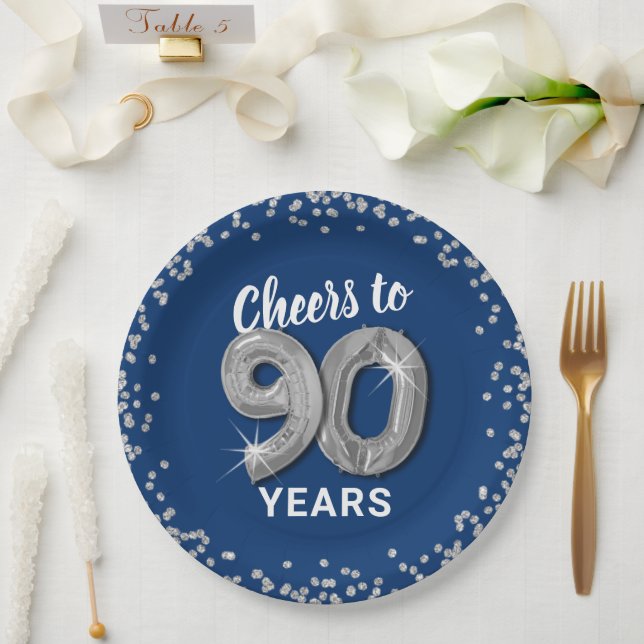 Modern Cheers to 90 Years Birthday Paper Plate (Wedding)