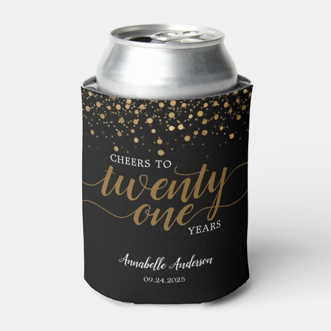 Modern Cheers to Gold Black Confetti 21st Birthday Can Cooler (Can Front)