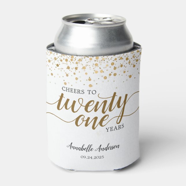 Modern Cheers to Gold White Confetti 21st Birthday Can Cooler (Can Front)