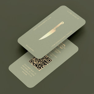 Modern Chef Gold Knife Sage Green Luxury Business Card