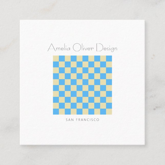 Modern Chequerboard Blue Simple Stylish Custom Square Business Card (Front)