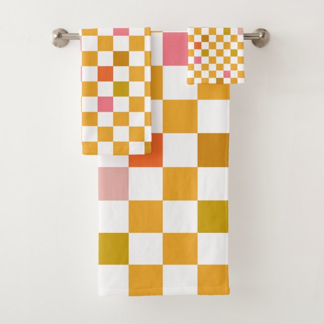 Modern Chequerboard Yellow Chequered Pattern Bath Towel Set (Insitu)