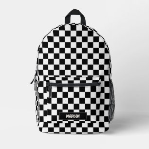 Modern Chequered Black & White Pattern Custom Name Printed Backpack