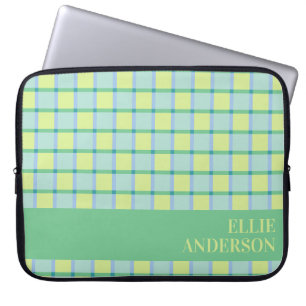 Modern Chequered Blue Green Lime Personalized Laptop Sleeve