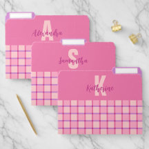 Modern Chequered Pink Purple Monogram Name