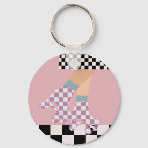 Modern Chequered Roller Skating Girl Art Checks   Keychain