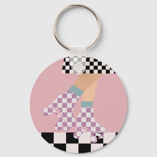 Modern Chequered Roller Skating Girl Art Checks   Keychain (Front)