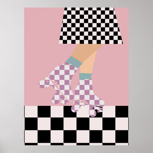 Modern Chequered Roller Skating Girl Art Checks Poster (Front)