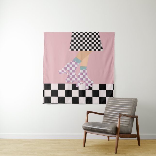 Modern Chequered Roller Skating Girl Art Checks   Tapestry (In Situ)