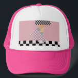 Modern Chequered Roller Skating Girl Art Checks   Trucker Hat<br><div class="desc">Roller skater girl in checks on skirt, and lilac checkers on quads, roller skating on chequerboard pattern disco floor. Perfect abstract legs roller skates art for roller derby babe, woman, girl. Lovable roller skates pattern design on home decor, mugs, wrapping paper, etc. Roller skates art illustration design gift for daughter,...</div>