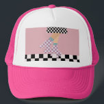 Modern Chequered Roller Skating Girl Art Checks Trucker Hat<br><div class="desc">Roller skater girl in checks on skirt, and lilac checkers on quads, roller skating on chequerboard pattern disco floor. Perfect abstract legs roller skates art for roller derby babe, woman, girl. Lovable roller skates pattern design on home decor, mugs, wrapping paper, etc. Roller skates art illustration design gift for daughter,...</div>