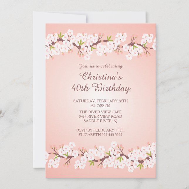 Modern Cherry Blossom Flower Floral Birthday Party Invitation (Front)