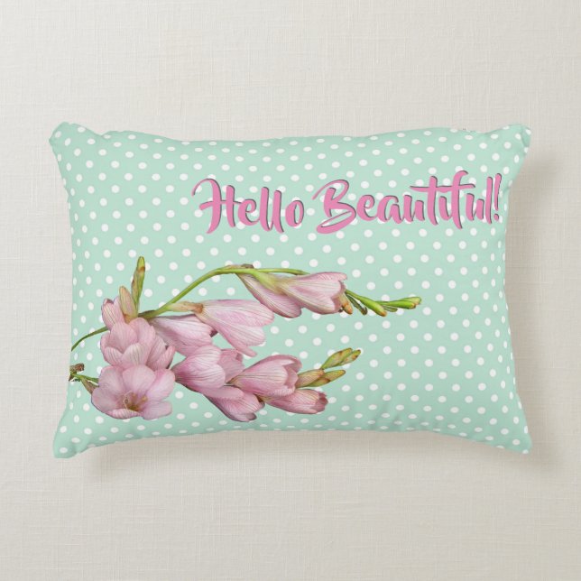 Modern Cherry Blossoms Mint Green Hello Beautiful! Decorative Pillow (Front)