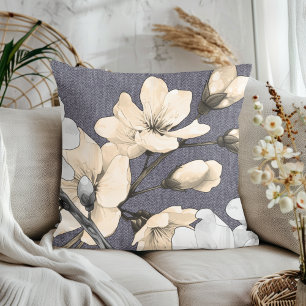 Modern Cherry Blossoms on Grey Denim Throw Pillow